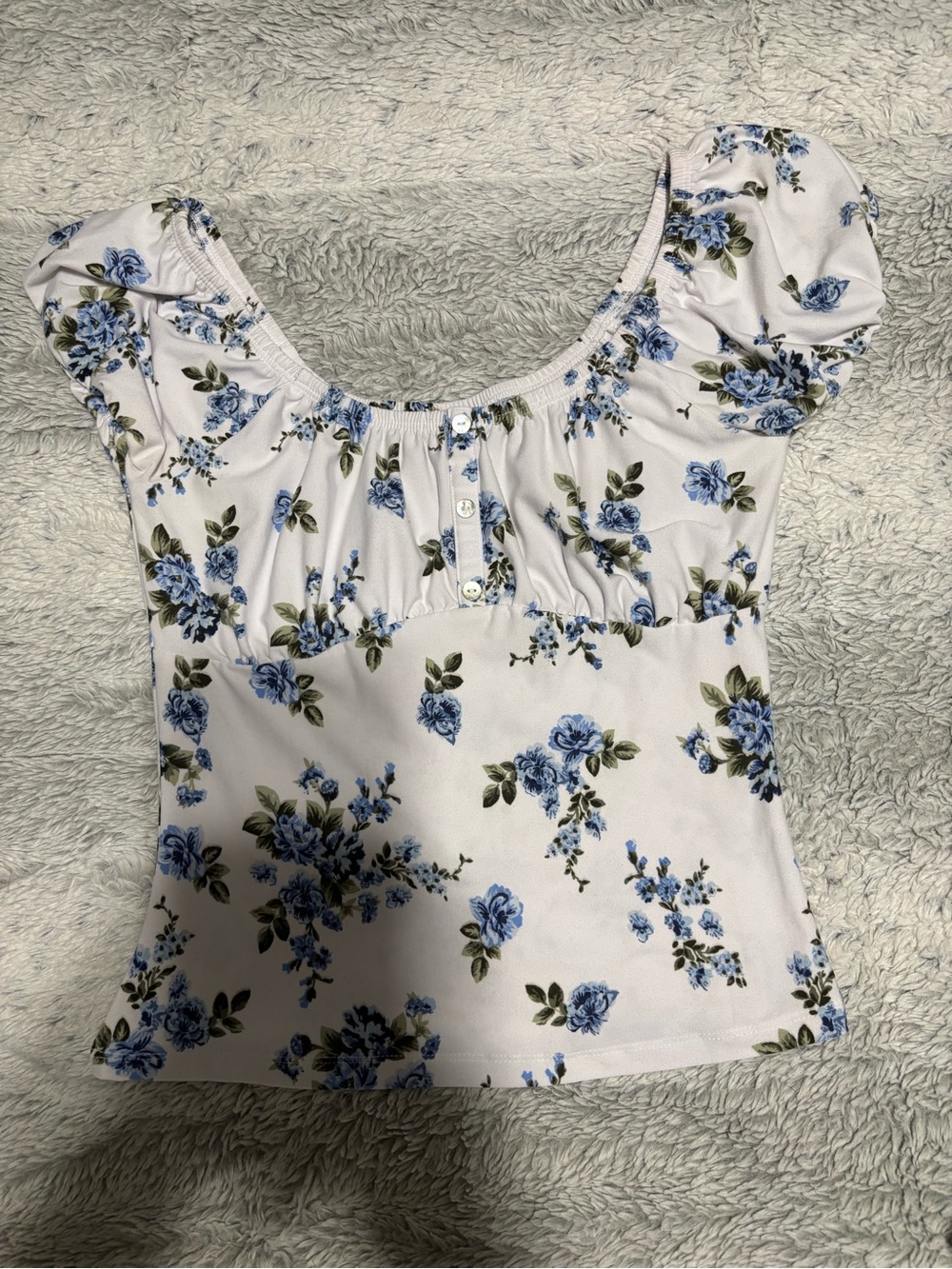 White Floral Top - Blue Rose Print